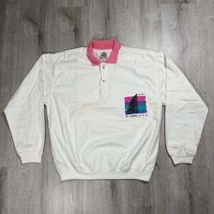 Womens Vintage Bye-Bye Caribe St. Maarten 1989 White Long Sleeve Polo Sweatshirt